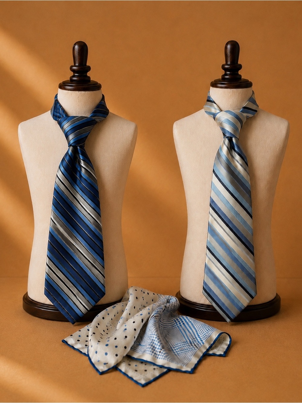 Nordstrom Blue Striped Silk Tie Pair with Matching Pocket Squares